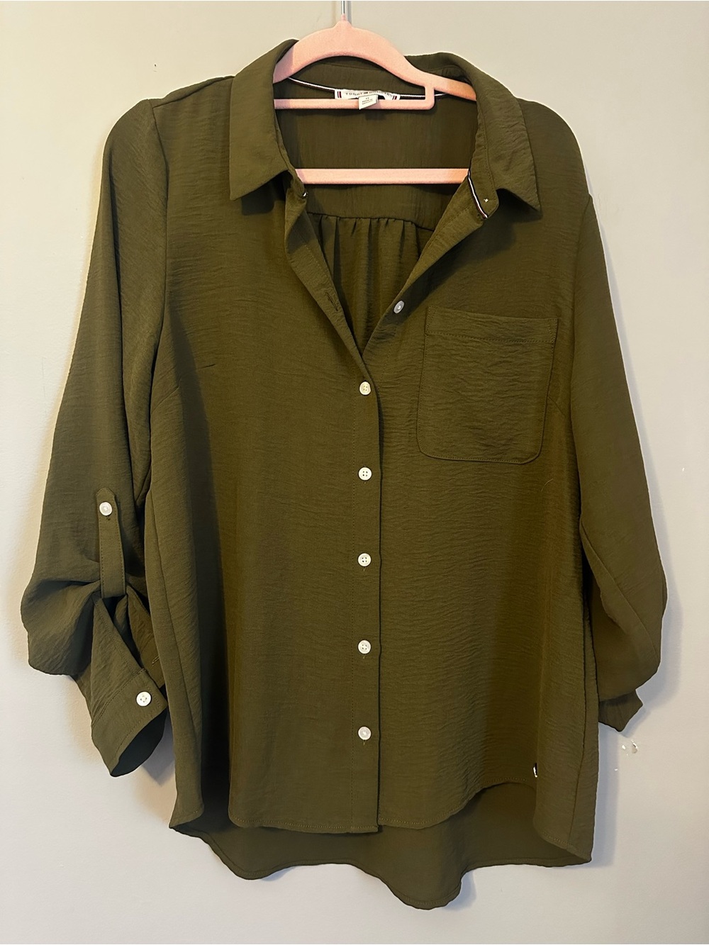 Tommy Hilfiger Shirt Womens M Olive Green Utility Button Down Roll Tab Sleeve